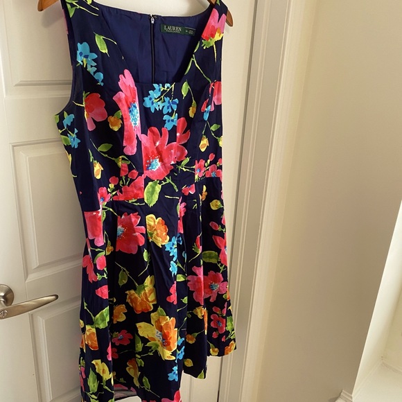 Navy Blue and Pink Floral Cotton Mini Dress - Picture 5 of 6